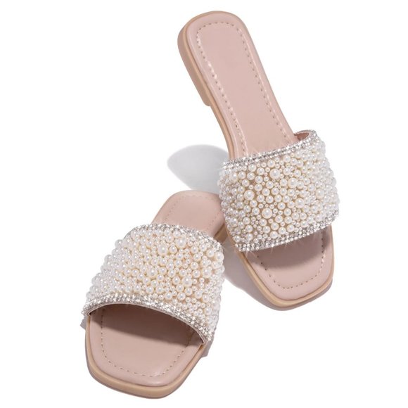 NEW🔥 Jeweled Pearl Bling Rhinestone Open Toe Slide Sandal Flat Flip Flops - Picture 5 of 6
